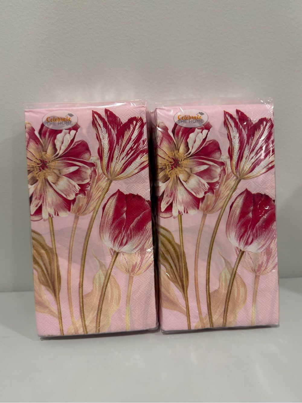 Majestic Tulips Rose Pink Tan Ivory Yellow 32 Paper Guest Size 3-ply Towels x 2